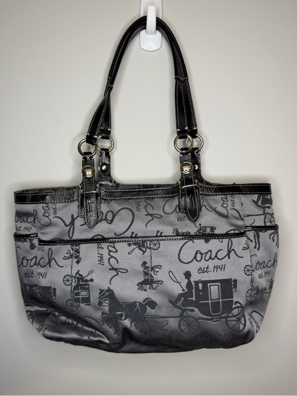 Vintage Coach Horse & Carriage Print Tote Gray Black Canvas Shoulder Bag - Picture 7 of 9